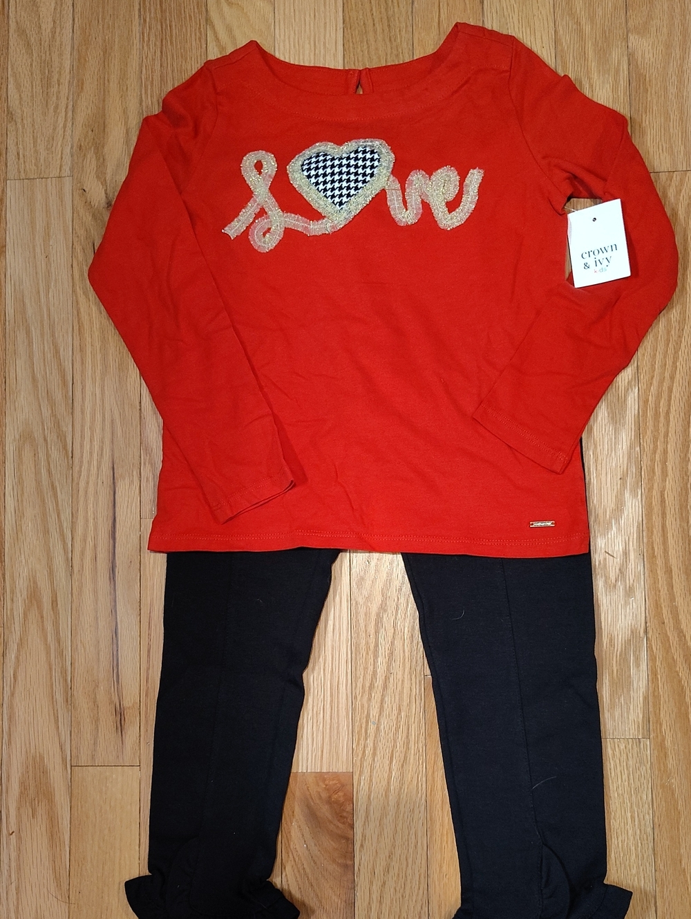 Crown & Ivy Red Long Sleeve Tee with Gold 'Love' Script and Houndstooth Heart